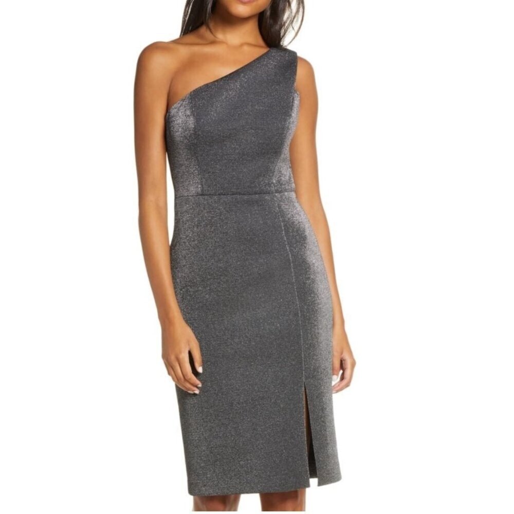 Vince Camuto Gray Metallic One Shoulder Body Con Midi Dress, Size 10